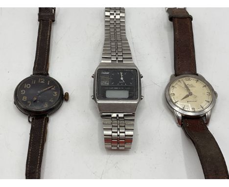 Assorted vintage watches, 7 total and a small diameter enamel clock face. Pulsar Y651-5001 analogue-digital wristwatch with m