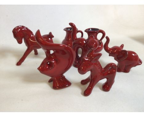 Vintage Pfrontner Keramik West German pottery animals also with two jugs. Includes, horse, donkey, cat,elephant and fish. Ori