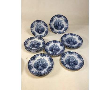 A quantity of Copeland late Spode blue and white plates 26cm and 23cm depicting castle ruins. Also with two bowls 26cm, a tur