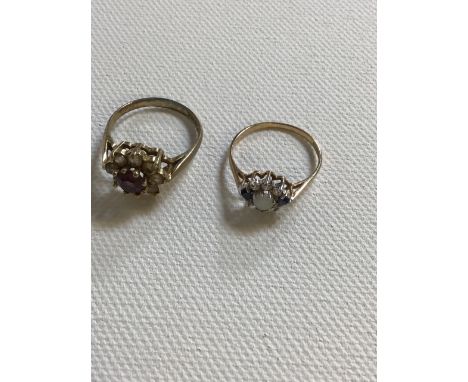 A 9ct gold opal and white stone ring size O with a silver gilt amethyst ring with white stones size Q - missing stone in box 