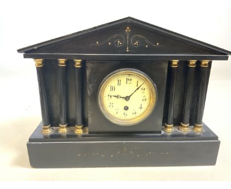 An early 20th century slate mantle clock. (a.f loose columns)W:40cm x D:13cm x H:30cm