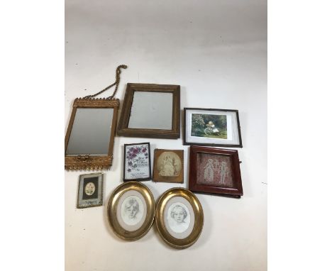 Two vintage mirrors. One with gilded wooden frame and one with metal frame. Also with framed prints and photographs A/fW:18cm