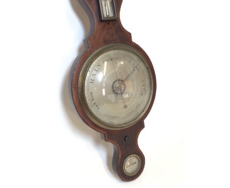 A Georgian Mahogany banjo barometer and thermometer marked John Moore, Clerkenwell, London, 1798H:108cm