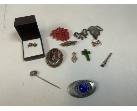 A Swedish modernist brooch by R Tenn also with 9 Carat gold stud earrings and other items