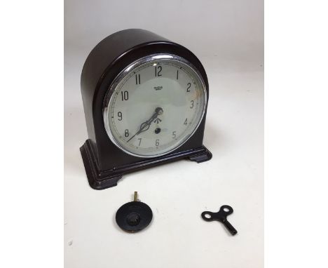 Military Bakelite mantle clock by Smiths,Enfield with pendulum and key. W:22cm x H:21cm