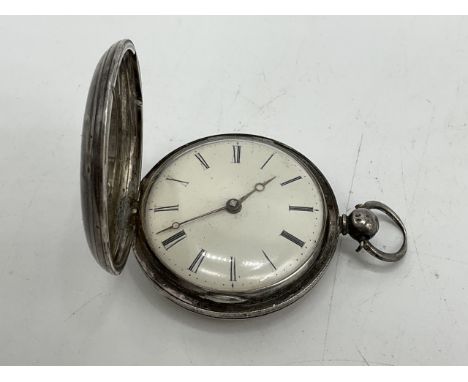 Full hunter pocket watch in hallmarked sterling silver case. 35mm diameter enamel face with Roman numerals and 'Breguet' styl