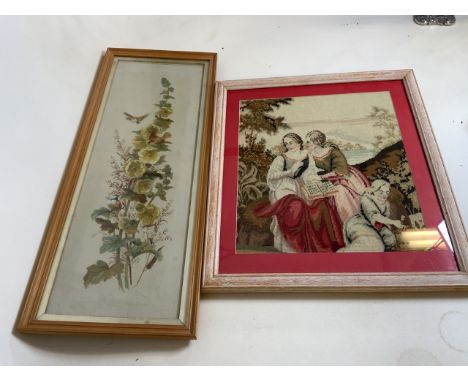 An oil on canvas of a bird with hollyhock and a tapestry pastoral scene 