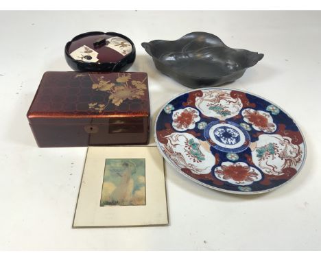 Japanese lacquered boxes (one musical) also with an Imari plate an art nouveau style light pewter dish marked Orivii 2038 etc