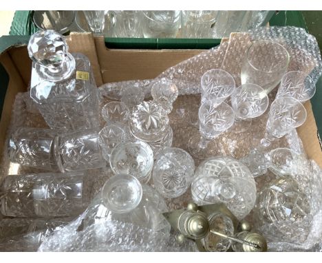 Two mixed boxes of  glassware including cut lead crystal decanter and glasses, Luminarc glasses and other items
