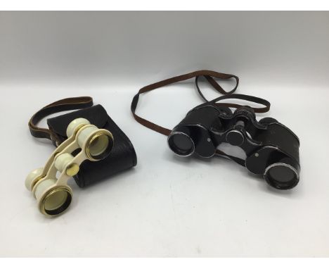 Vintage binoculars and a USSR opera glass in case. AF. Opera glass displays a pleasingly clear image. Binoculars by Denhill, 