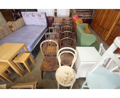 Two Ibex chairs, five bentwood chairs an elm seated stick back chairs, a set of four oak dining chairs and an side table AF