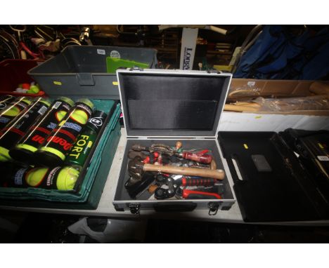 A lightweight metal tool case and contents of tools to include a hammer; a drill brace; a head torch etc.