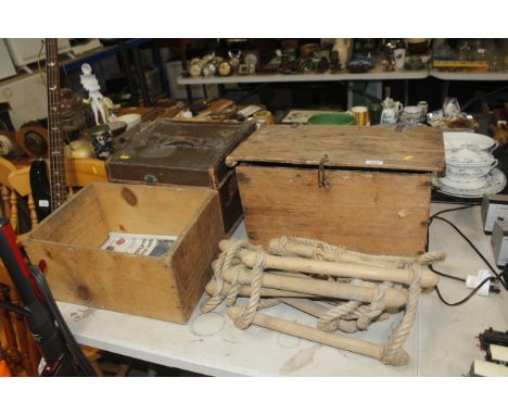 A Smiths hat box, a pine storage box AF, a wooden advertising crate, together with a rope ladder 