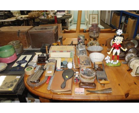 A collection of vintage items including a Tilly lamp,&nbsp; jelly mould, chess pieces, a shoe last etc
