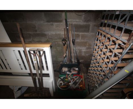 A bundle of long handled gardening tools to include a rake; a broom; a digging fork; a shovel and two boxes containing variou