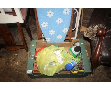 A box containing vintage tools to include spanners; insect repellent; a small bag of light bulbs etc.
