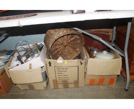 Four boxes containing various kitchenalia to include wicker basket, biscuit barrel, place mats etc. 