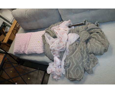 Two curtain poles, curtains and two cushions