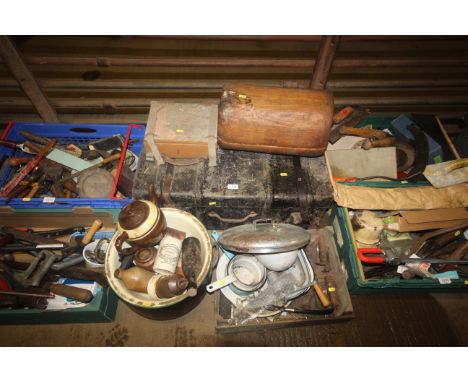 A quantity of various sundry items to include a wooden storage box; a metal and leather bound trunk; various kitchen ware to 