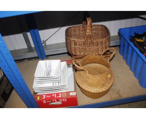 A box containing a four piece dinner service, together with a wicker hamper and two wicker baskets