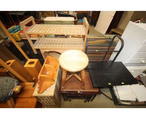 A stripped pine bookcase, two shoe racks, reproduction nest of tables, a computer table, pine stool, a pine corner shelf and 