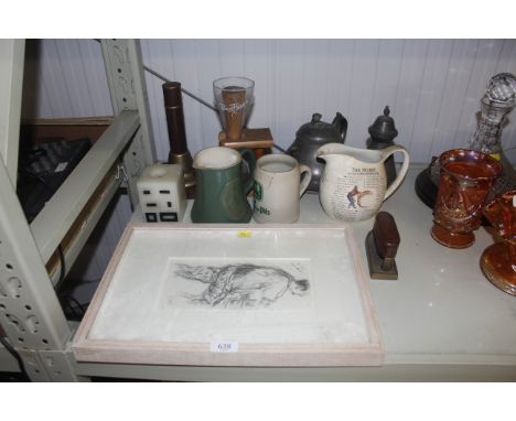 A Jason Gathorne-Hardy, pencil sketch together with a flat iron, a pewter teapot, advertising jugs etc&nbsp;