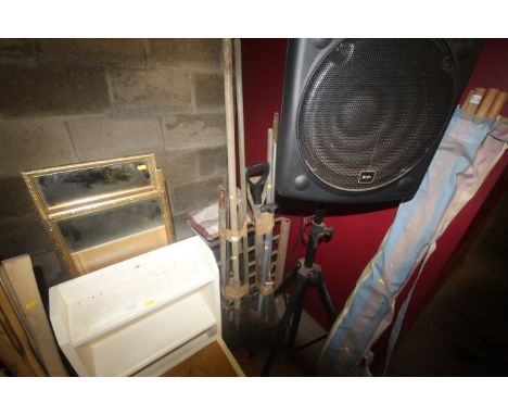 Two bundles of various gardening tools to include a rake; a digging fork; a broom etc