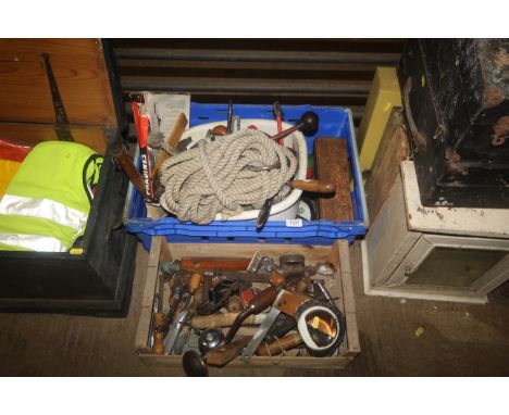 Three boxes of various tools to include; oil cans, hand drill, magnifying glass, rope, smoothing blocks etc.