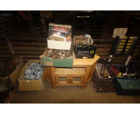 A box containing a quantity of various records; a box containing a painted duck flower pot ornament; a glass jar; a box conta
