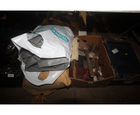 A box containing various items to include hand tools, a leather satchel etc.
