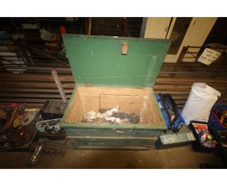 A large painted pine tool chest and contents to include; hand saws, sickles, gate pins etc.