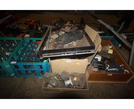 A quantity of various workshop equipment to include welding mask, flashing beacon, shackle, G-clamp, spanners, grinding wheel
