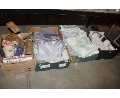 Three boxes containing various fabric, curtains and a box of sundry items to include phone cases, ornaments etc