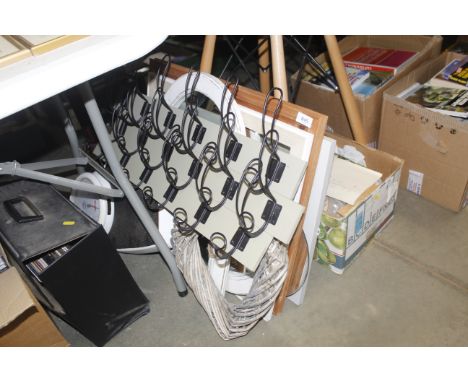 A quantity of various mirrors, a set of scales and coat hooks