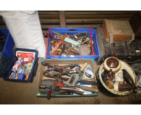 Two boxes of various tools to include files; hand saws; a drill brace; shovel heads; a crowbar etc.