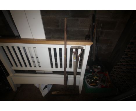 A small quantity of garden tools to include three digging forks (one AF); a wooden handled squeegee etc.
