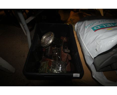 A box containing various items to include a wooden jack plane; cut glass storage bowl; embossed brass tray; vintage four man 