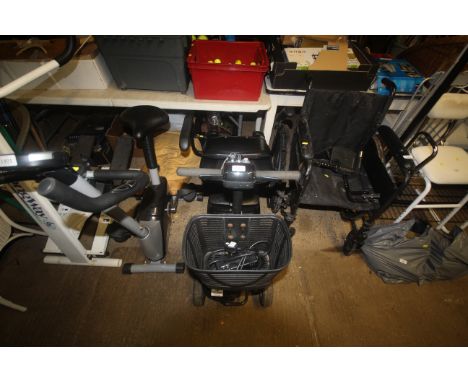 A mobility scooter with front mounted basket, battery charger, AF