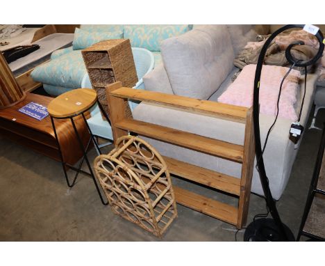 A pine hanging wall shelf, a cane wine rack, loom chair, a wicker wine rack and a bar stool