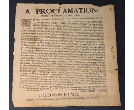 * Charles II - Scottish Privy Council broadside. A Proclamation, Anent the Sumptuary Act, 1684, Edinburgh: printed by the hei