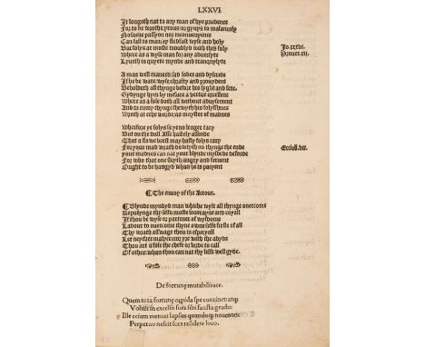 Brant (Sebastian). An Original Leaf from the First Edition of Alexander Barclay's English Translation of Sebastian Brant's "S