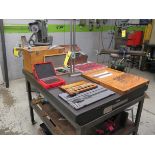 PRECISION INSTRUMENTS ON TOP OF SURFACE PLATE, MICROMETER SETS, HEIGHT GAGE, CALIPERS, PIN GAGES,