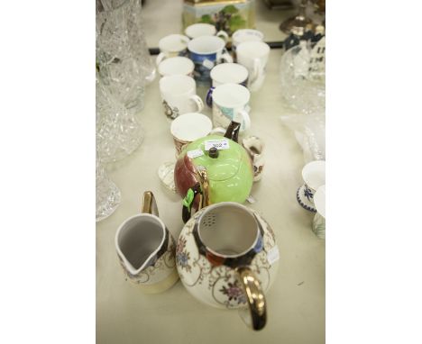 A COLLECTION OF EIGHT MODERN PORCELAIN MUGS, SOME COMMEMORATIVE, A SPODE DINNER DISH, A HEART SHAPED BOX, A BOAT ORNAMENT, AN