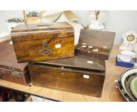 VICTORIAN WALNUTWOOD WORK BOX AND ANOTHER AND THREE SMALL MATCH STICK HOLDERS WITH BRASS ANIMAL DETAIL (6)