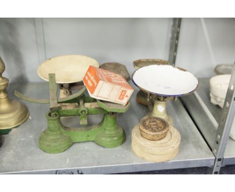 THREE KITCHEN SCALES, A STONE HOT WATER BOTTLE PLUS A NUMBER OF GLASS FLOWER RECEIVERS, ETC.