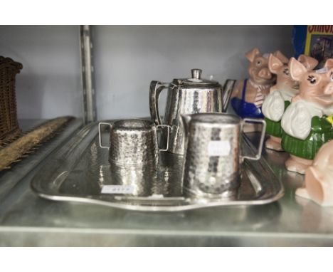 OLDE HALL STAINLESS STEEL TEA SERVICE, HAMMERED PATTERN, AND TRAY