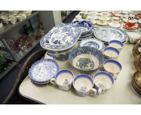 VICTORIAN STAFFORDSHIRE TRANSFER PRINTED WILLOW PATTERN SOUP TUREEN, TWO OTHER WILLOW PATTERN PIECE, FIVE OTHER BLUE AND WHIT