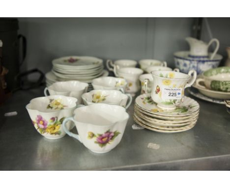 SHELLEY FLORAL CHINA TEA SERVICE FOR SIX PERSONS, 17 PIECES (ONE CUP MISSING) AND SIX ROYAL ALBERT TEA CUPS AND SAUCERS 'MEAD