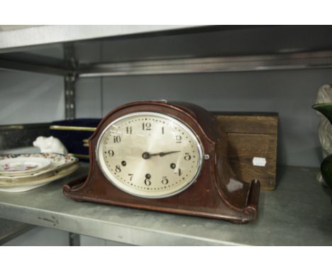 MAHOGANY CASED GERMAN NAPOLEON MANTLE CLOCK, HALLER; A COLLECTION OF SEVEN 20th CENTURY TINS TO INCLUDE JACOBS & CO. BISCUITS