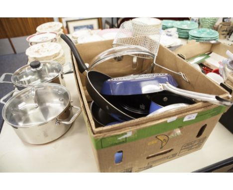 A COLLECTION OF ALUMINIUM COOKING PANS, LARGE EXAMPLES WITH LIDS, NON-STICK FRYING PANS, INCLUDING MEYER AND JONELLE (9) 